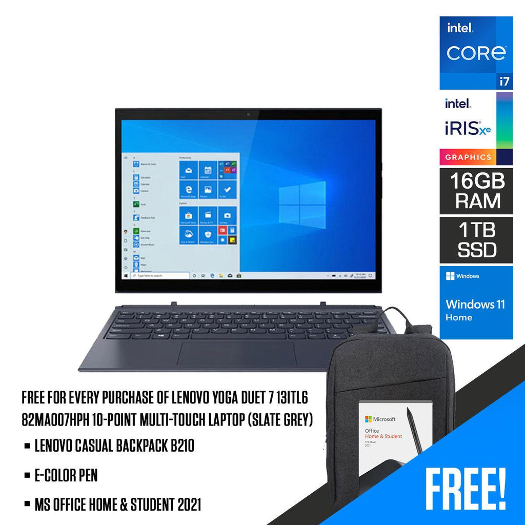 Lenovo Yoga Duet 7 13ITL6 82MA007HPH 10-Point Multi-Touch Laptop (Slate Grey) | 13”  2K | i7-1165G7 | 16 GB DDR4 | 1 TB SSD | Iris Xe Graphics | Windows 11 Home | MS Office H&S 2021 |  E-Color Pen | Lenovo Backpack B210