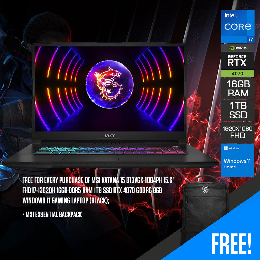 MSI Katana 15 B13VGK-1084PH Gaming Laptop (Black) | 15.6" FHD 1920x1080 | i7-13620H | 16GB DDR5 RAM | 1TB SSD | RTX 4070 GDDR6 8GB | Windows 11 | MSI Essential Backpack