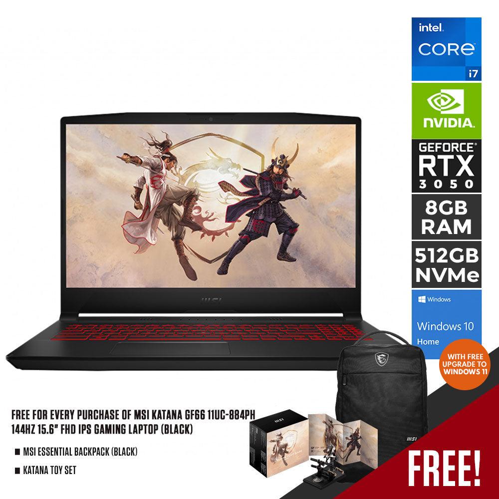 MSI KATANA GF66 11UC-884PH  GAMING LAPTOP (BLACK) | 15.6" FHD | DDR IV 8GB | 512GB SSD | RTX 3050 | WIN10 W/ FREE KATANA TOY SET + MSI ESSENTIAL BACKPACK (BLACK)
