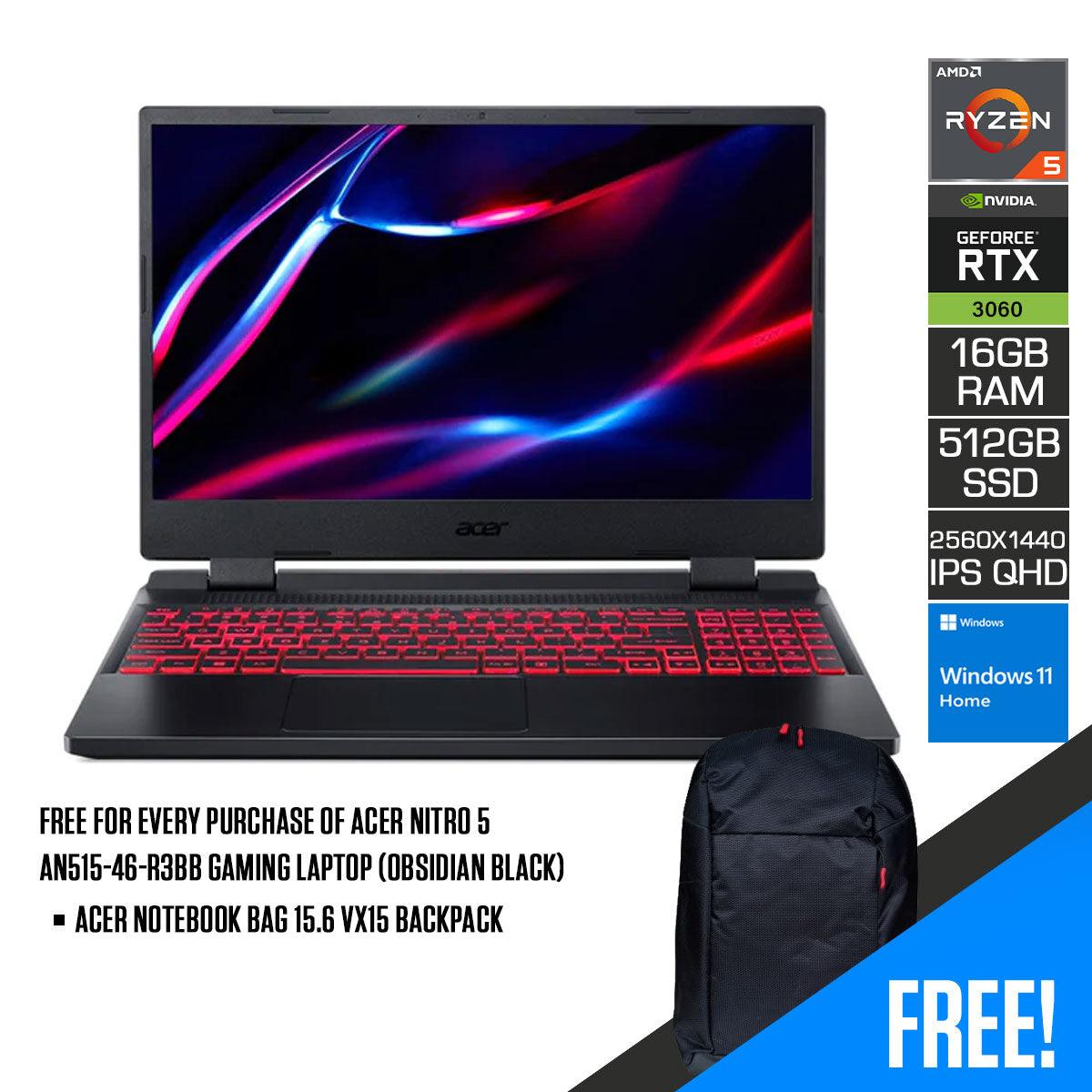 Acer Nitro 5 AN515 - 46 - R3BB Gaming Laptop (Obsidian Black) | 15.6” QHD IPS 2560 x 1440 | Ryzen 5 6600H | 16GB RAM | 512GB SSD | RTX 3060 | Windows 11 Home | Acer Notebook Bag 15.6 VX15 Backpack - Nectostry