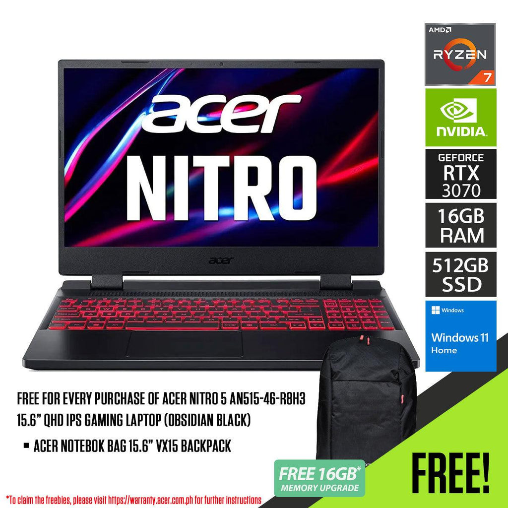 Acer Nitro 5 AN515 - 46 - R8H3 Gaming Laptop (Obsidian Black) | 15.6” QHD IPS | Ryzen 7 6800H | 16GB RAM | 512GB SSD | RTX 3070 | Windows 11 Home | Acer Notebook Bag 15.6 VX15 Backpack - Nectostry