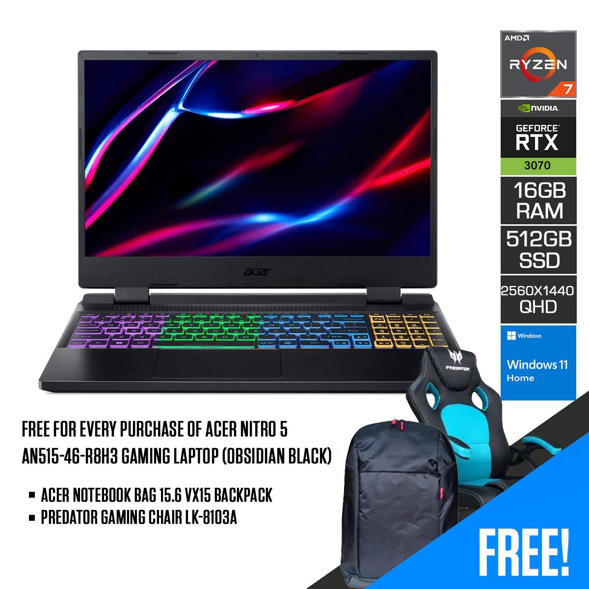 Acer Nitro 5 AN515 - 46 - R8H3 Gaming Laptop (Obsidian Black) | 15.6” QHD IPS | Ryzen 7 6800H | 16GB RAM | 512GB SSD | RTX 3070 | Windows 11 Home | Acer Notebook Bag 15.6 VX15 Backpack | Predator Gaming Chair LK - 8103A - Nectostry