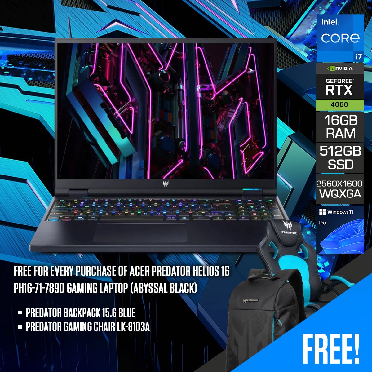 Acer Predator Helios 16 PH16 - 71 - 7890 Gaming Laptop (Abyssal Black) | 16” WQXGA (2560 x 1600) 240Hz | i7 13700HX | 16GB RAM | 512GB SSD | RTX 4060 | Windows 11 Pro | Predator Backpack | Predator Gaming Chair LK - 8103A - Nectostry