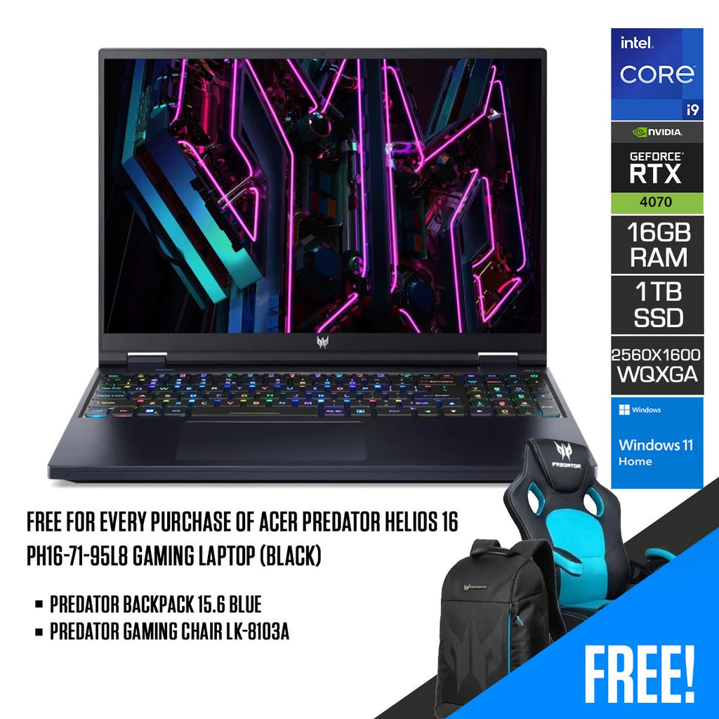 Acer Predator Helios 16 PH16 - 71 - 95L8 Gaming Laptop (Black) | 16” WQXGA (2560x1600) 240Hz | i9 13900HX | 16GB DDR5 | 1TB SSD | RTX 4070 | Windows 11 Home | Predator Backpack 15.6 Blue | Predator Gaming Chair LK - 8103A - Nectostry
