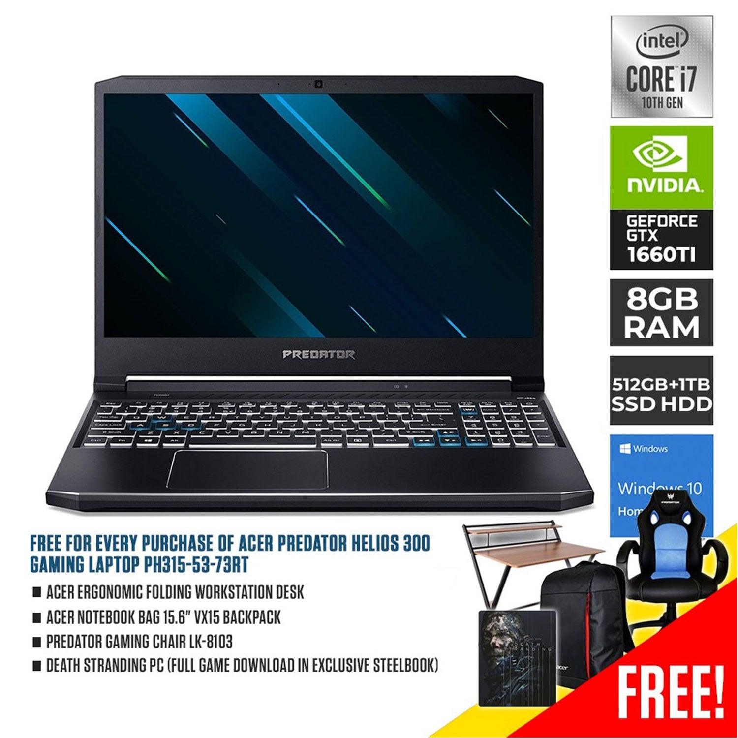ACER PREDATOR HELIOS 300 PH315 - 53 - 73RT GAMING LAPTOP| 15.6" FHD | i7 - 10750H | 8GB DDR4 | 512GB SSD | 1TB HDD |GTX 1660 TI | GAMING CHAIR LK - 8103 + NOTEBOOK BAG VX15+ FOLDING WORKSTATION DESK + DEATH STRANDING (PC - DIGITAL) - Nectostry