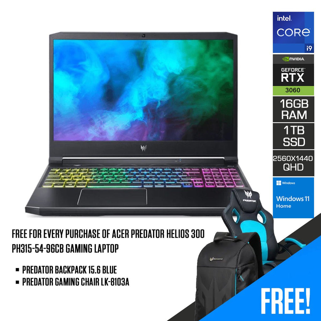 ACER PREDATOR HELIOS 300 PH315 - 54 - 96CB | 15.6" QHD | i9 - 11900H | 16GB DDR4 | 1TB SSD | RTX 3060 | WIN11 + PREDATOR BACKPACK BLUE + GAMING CHAIR LK - 8103A - Nectostry