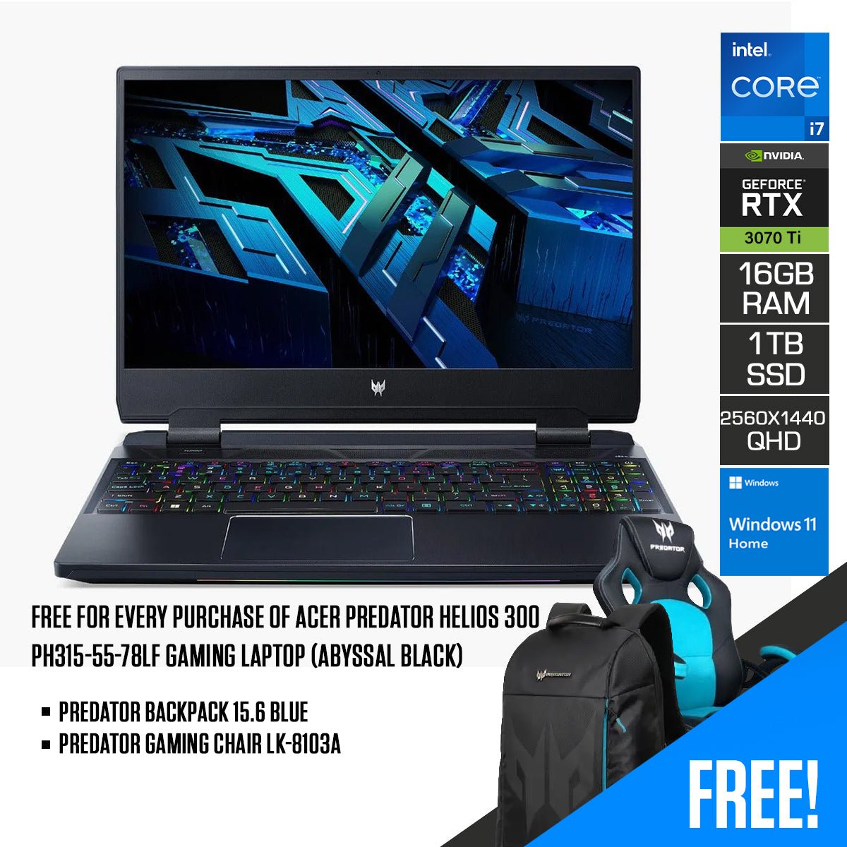 ACER Predator Helios 300 PH315 - 55 - 78LF Gaming Laptop (Abyssal Black) | 15.6" QHD | i7 - 12700H | 16GB DDR5 RAM | 1TB SSD | Predator Backpack 15.6 Blue | Gaming Chair LK - 8103A - Nectostry