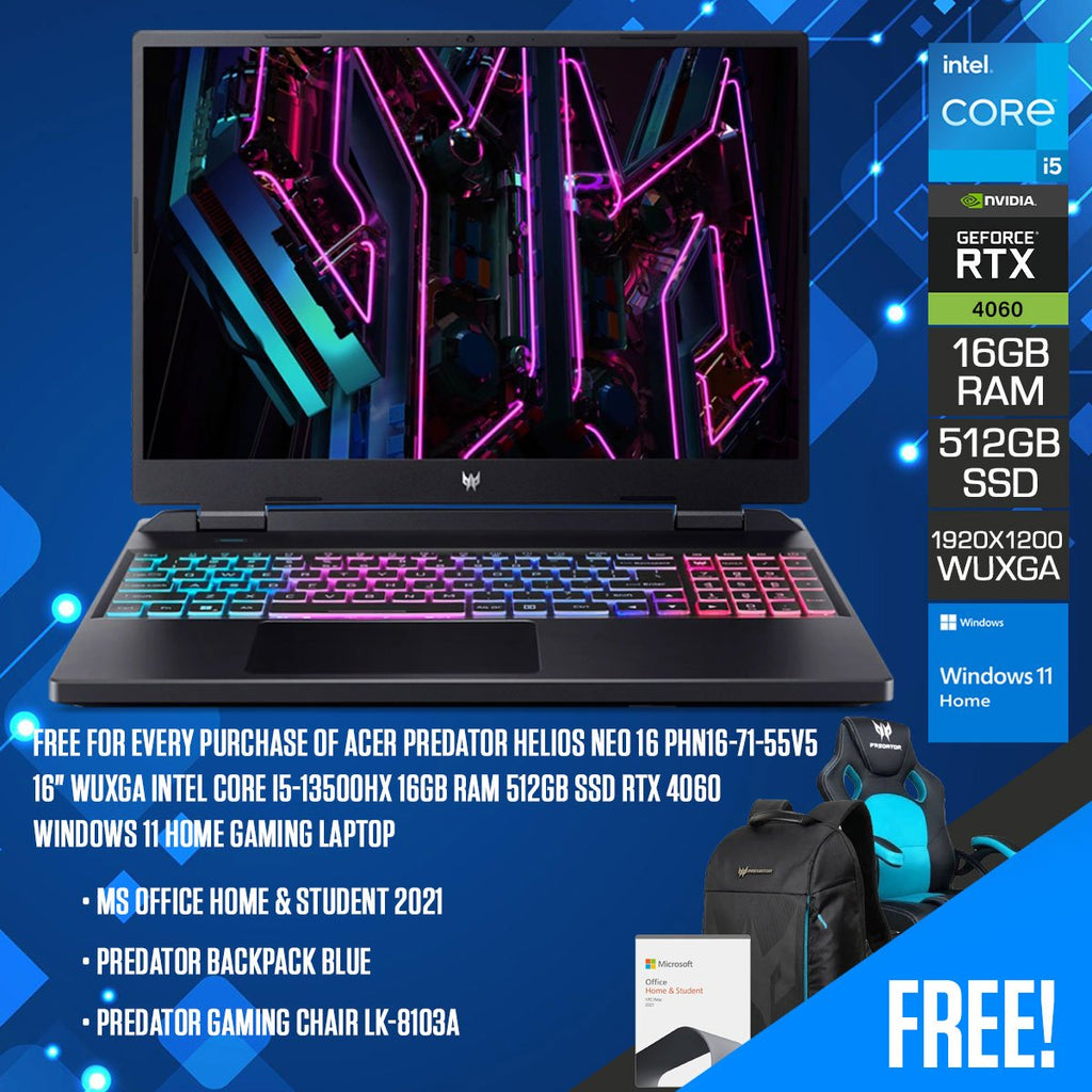 Acer Predator Helios Neo 16 PHN16 - 71 - 55V5 Gaming Laptop | 16" WUXGA 1920x1200 | i5 - 13500HX | 16GB RAM | 512GB SSD | RTX 4060 | Windows 11 Home | MS Office Home & Student 2021 | Predator Backpack Blue | Predator Gaming Chair LK - 8103A - Nectostry