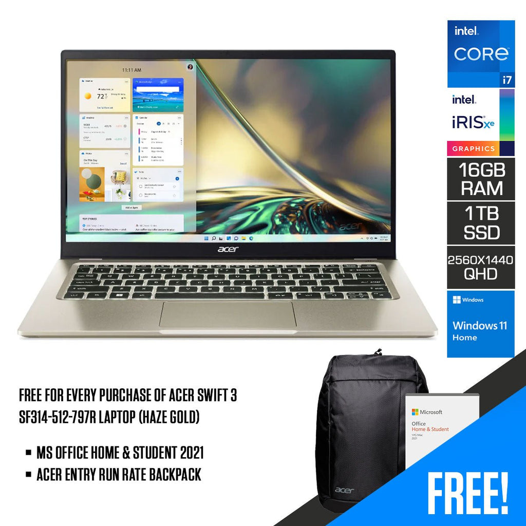 Acer Swift 3 SF314 - 512 - 797R Laptop (Haze Gold) | 14" QHD (2560x1440) | Intel Core i7 1260P | 16GB DDR4 | 1TB SSD | Intel Iris Xe Graphics | Windows 11 Home | MS Office H&S 2021 | Acer Entry Run Rate Backpack - Nectostry