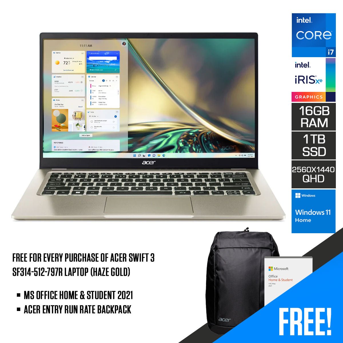 Acer Swift 3 SF314 - 512 - 797R Laptop (Haze Gold) | 14" QHD (2560x1440) | Intel Core i7 1260P | 16GB DDR4 | 1TB SSD | Intel Iris Xe Graphics | Windows 11 Home | MS Office H&S 2021 | Acer Entry Run Rate Backpack - Nectostry