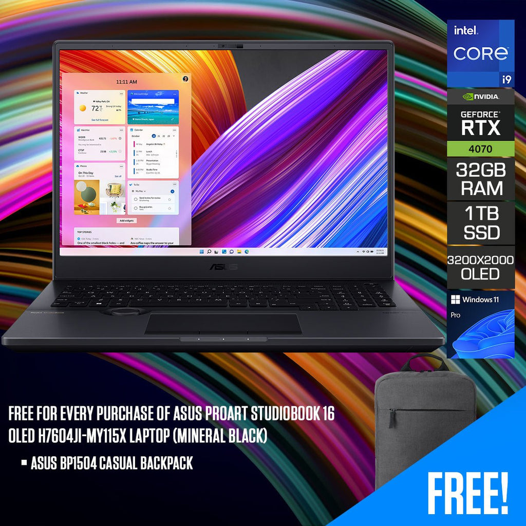 Asus ProArt Studiobook 16 OLED H7604JI - MY115X Laptop (Mineral Black) | 16” 3.2K (3200 x 2000) OLED | i9 - 13980HX | 32GB RAM | 1TB SSD | RTX 4070 | Windows 11 Pro | Asus BP1504 Casual Backpack - Nectostry