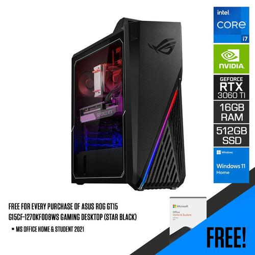 Asus ROG G15CF - 1270KF007WS Gaming Desktop (Star Black) | i7 - 12700KF | 16 GB RAM DDR4 | 512 GB SSD | RTX3060Ti | Windows 11 Home | MS Office Home & Student 2021 - Nectostry