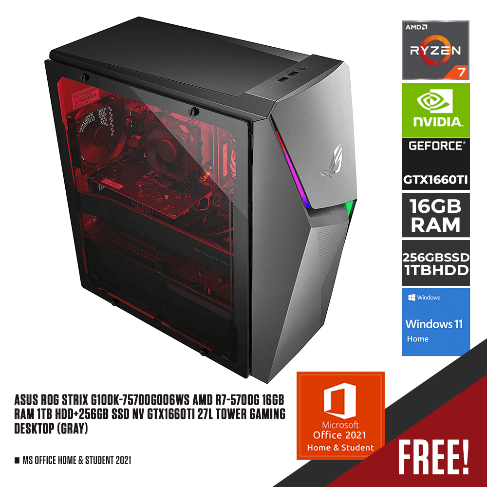 ASUS ROG STRIX G10DK - 75700G006WS AMD R7 - 5700G 16GB RAM 1TB HDD + 256GB SSD NV GTX1660TI 27L TOWER GAMING DESKTOP (GRAY) + MS OFFICE HOME & STUDENT 2021 - Nectostry