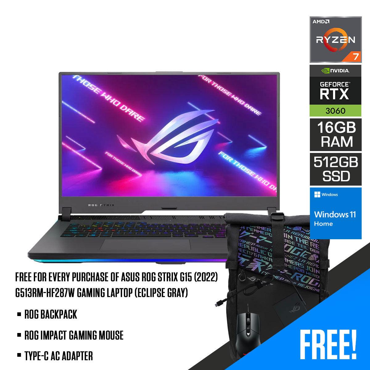 ASUS ROG Strix G15 (2022) G513RM - HF287W Gaming Laptop (Eclipse Gray) | 15.6" FHD | Ryzen™ 7 6800H | 16GB DDR5 | 512 GB SSD | RTX™ 3060 | Windows 11 Home | ROG Backpack | ROG Impact Gaming Mouse | Type - C AC Adapter - Nectostry