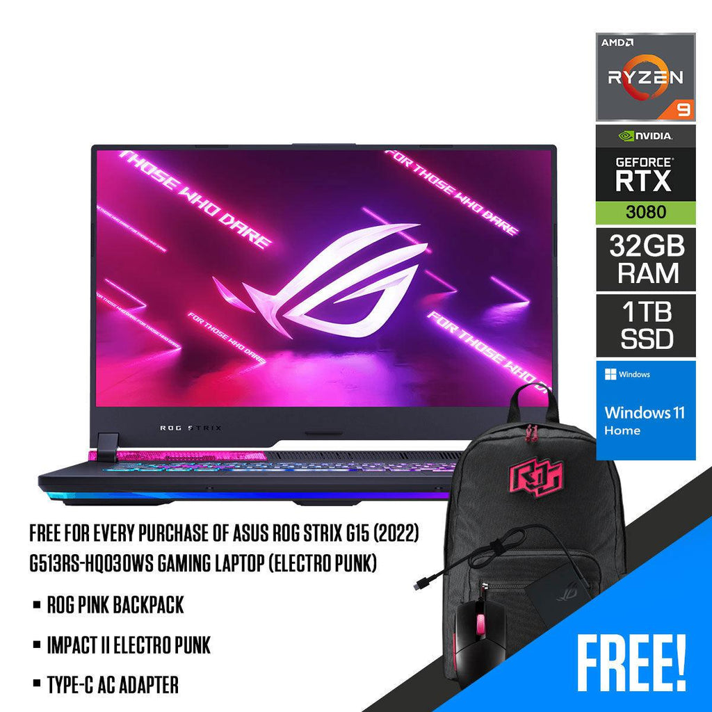 Asus ROG Strix G15 (2022) G513RS - HQ030WS Gaming Laptop (Electro Punk) | 15.6” WQHD | Ryzen 9 6900HX | 32GB RAM | 1TB M.2 SSD | RTX 3080 | Windows 11 Home | ROG Pink Backpack | Impact II Electro Punk | Type - C AC Adapter - Nectostry