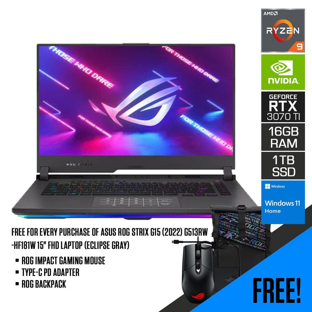 ASUS ROG Strix G15 (2022) G513RW - HF181W 15” FHD Gaming Laptop (Eclipse Gray) | 15.6" FHD | Ryzen™ 9 6900HX | 16GB RAM DDR5 | 1TB SSD | RTX™ 3070 Ti | Windows 11 Home | ROG Backpack | ROG Impact Gaming Mouse | Type - C PD Adapter - Nectostry