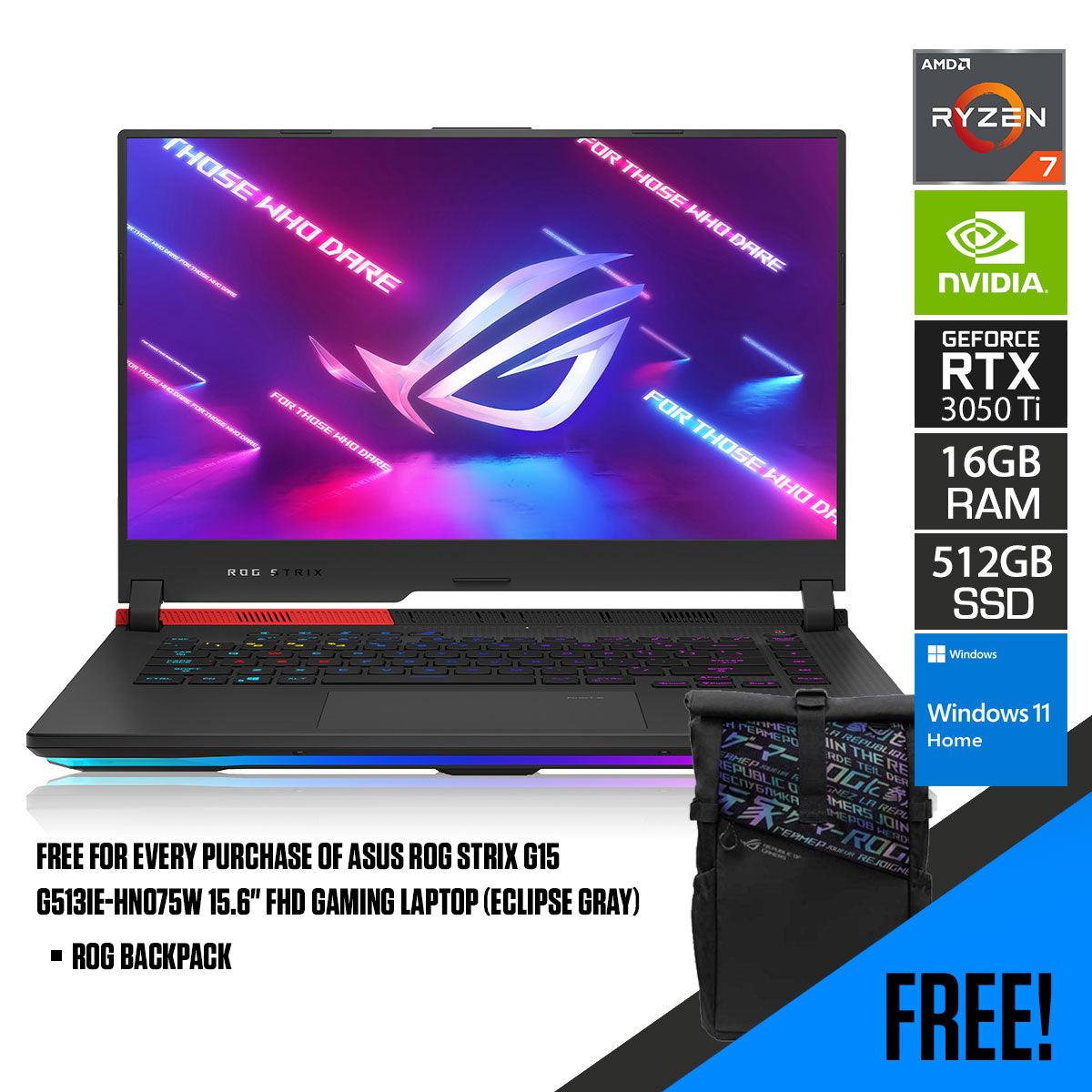 ASUS ROG Strix G15 G513IE - HN075W Gaming Laptop (Eclipse Gray) | 15.6" FHD | Ryzen™ 7 4800H | 16GB RAM DDR4 | 512 GB SSD | RTX™ 3050 Ti | Windows 11 Home | ROG Backpack - Nectostry