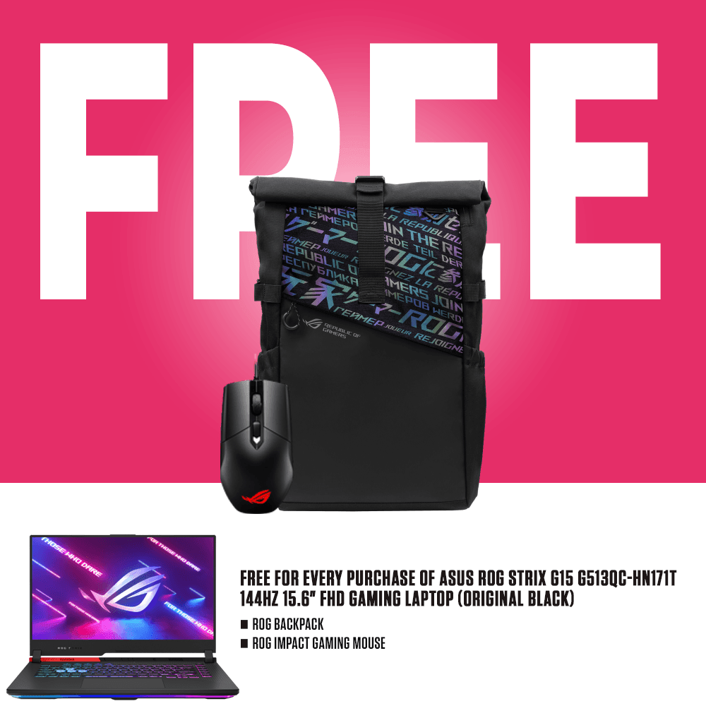 ASUS ROG STRIX G15 G513QC - HN171T 144HZ Gaming Laptop (Original Black) | 15.6" FHD | RYZEN 9 5900HX | 8GB DDR4 | 512GB SSD | RTX 3050 | WIN10 | ROG Backpack | ROG Impact Gaming Mouse - Nectostry