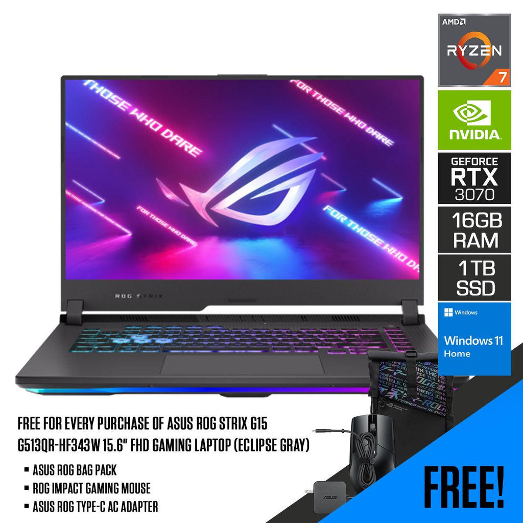 Asus ROG STRIX G15 G513QR - HF343W Gaming Laptop (Eclipse Gray) | 15.6" FHD | Ryzen 7 5800H | 16GB RAM | 1TB SSD | RTX 3070 | WIndows 11 Home | ROG Backpack | ROG Impact Gaming Mouse | Type - C AC Adapter - Nectostry