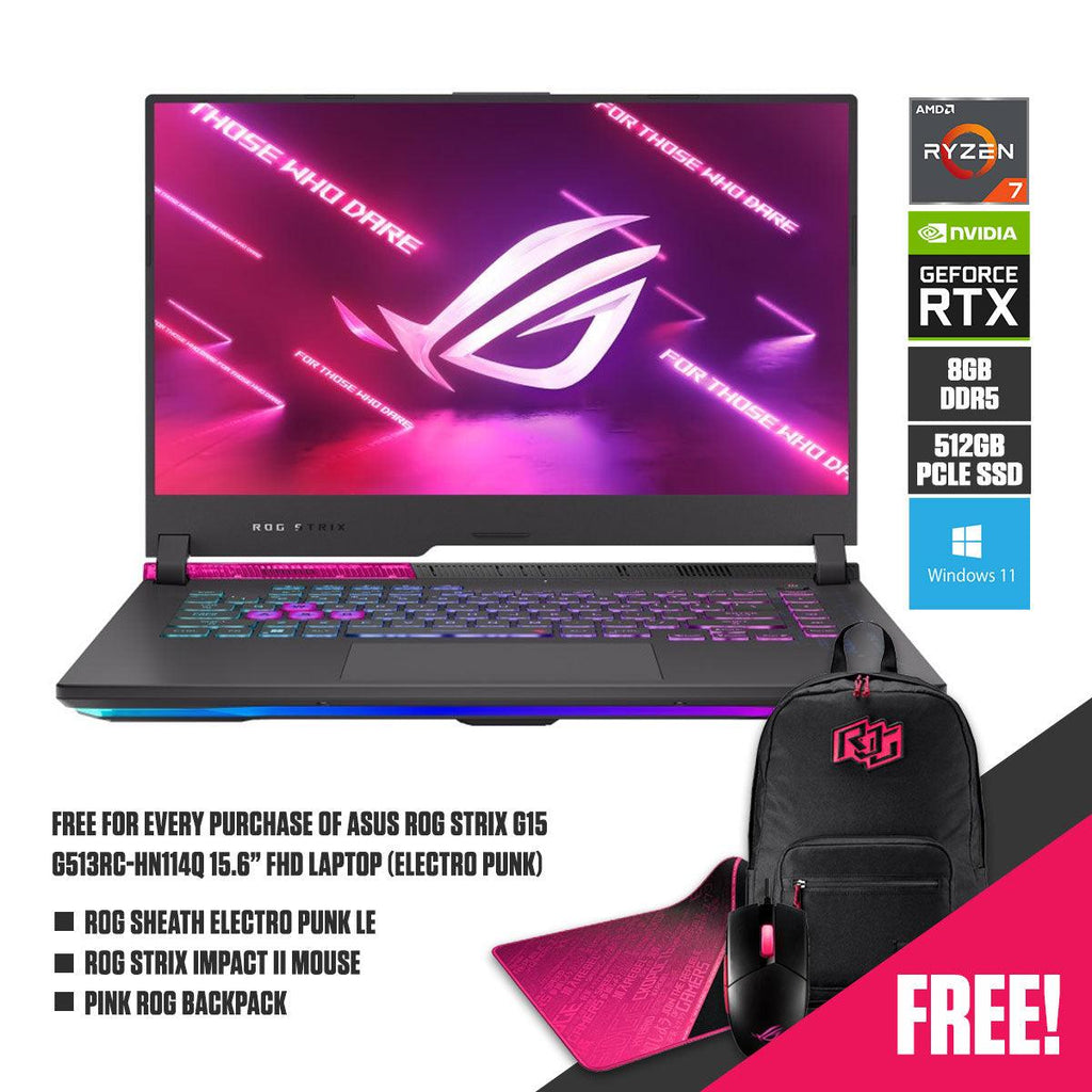 ASUS ROG Strix G15 G513RC - HN114W Laptop (Electro Punk) | 15.6" FHD | Ryzen™ 7 6800H | 8GB DDR5 | 512GB SSD | RTX™ 3050 | Windows 11 Home | Pink ROG Backpack | ROG STRIX Impact II Mouse - Nectostry