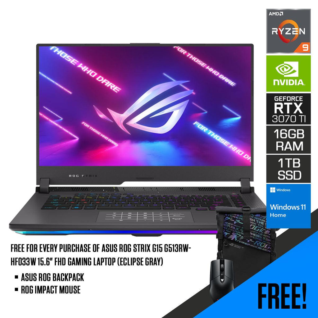 Asus ROG Strix G15 G513RW - HF033W Gaming Laptop (Eclipse Gray) | 15.6” FHD | Ryzen™ 9 6900HX | 16GB RAM DDR5 | 1TB M.2 SSD | RTX™ 3070 Ti | Windows 11 Home | MS Office Home & Student 2021 | ROG Backpack - Nectostry