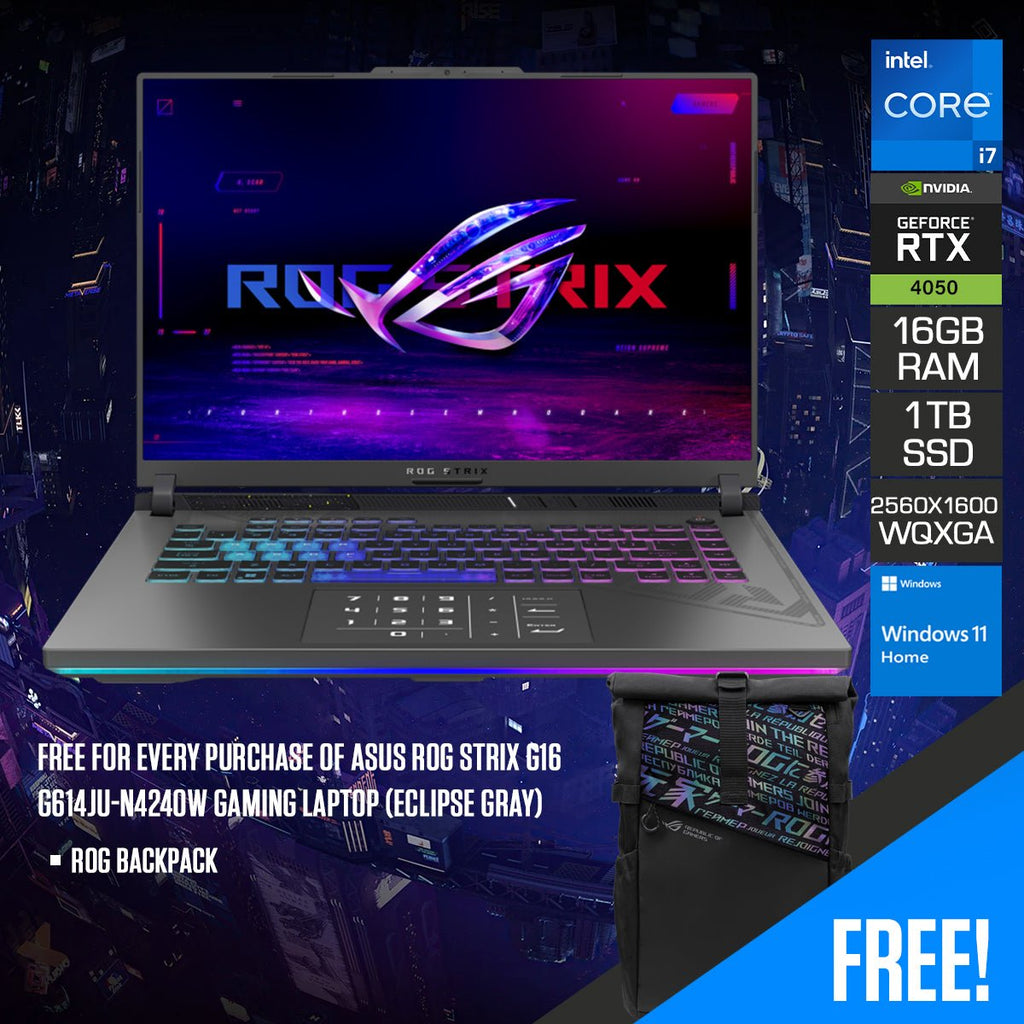 Asus ROG Strix G16 G614JU - N4240W Gaming Laptop (Eclipse Gray) | 16" QHD+ 240Hz WQXGA (2560x1600) | i7 - 13650HX | 16GB RAM | 1TB SSD | RTX™ 4050 | Windows 11 Home | ROG Backpack - Nectostry