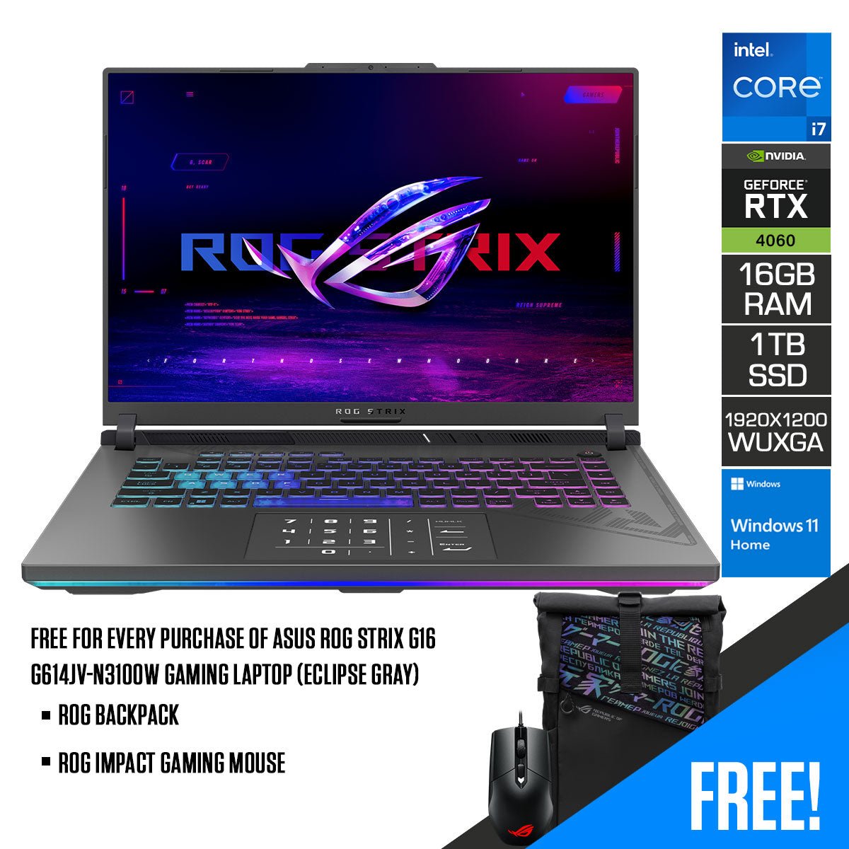 Asus ROG Strix G16 G614JV - N3100W Gaming Laptop (Eclipse Gray) | 16" FHD+ (1920 x 1200, WUXGA) | i7 - 13650HX | 16GB RAM | 1TB SSD | RTX 4060 |Windows 11 Home | ROG Backpack | ROG Impact Gaming Mouse - Nectostry