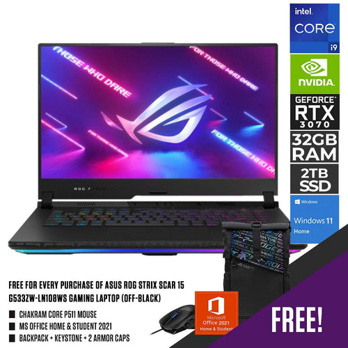 ASUS ROG STRIX SCAR 15 G533ZW - LN108WS GAMING LAPTOP | 15.6” | i9 - 12900H | 32GB DDR5 | 2TB SSD | RTX 3070 | WIN11 + MS OFFICE H&S 2021 + CHAKRAM CORE P511 MOUSE + BACKPACK+KEYSTONE + 2 ARMOR CAPS - Nectostry