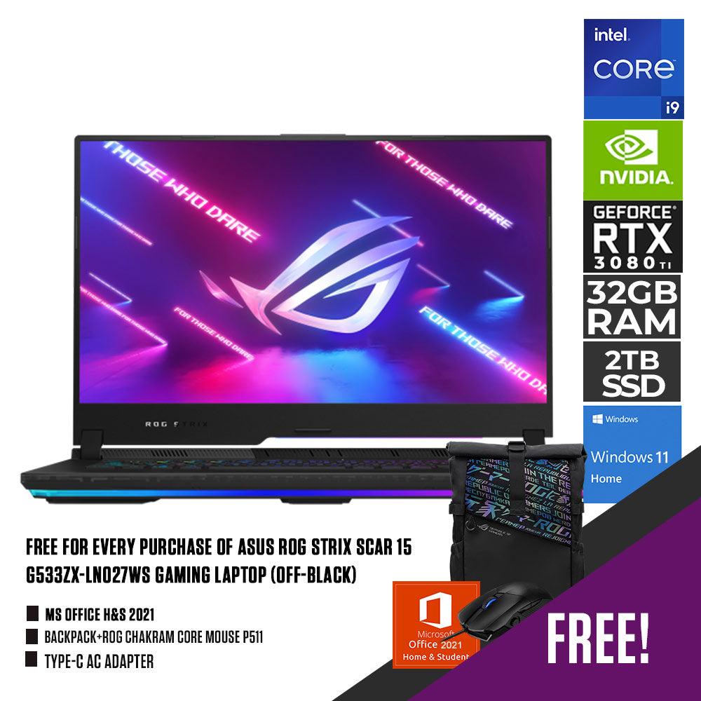 Asus Rog Strix Scar 15 G533ZX - LN027WS Gaming Laptop (Off - Black) | 15.6” WQHD | i9 - 12900H | 32GB DDR5 | 2TB SSD | Win11 +MS Office H&S 2021+Backpack+Rog Chakram Core Mouse P511+Type - C Ac Adapter - Nectostry