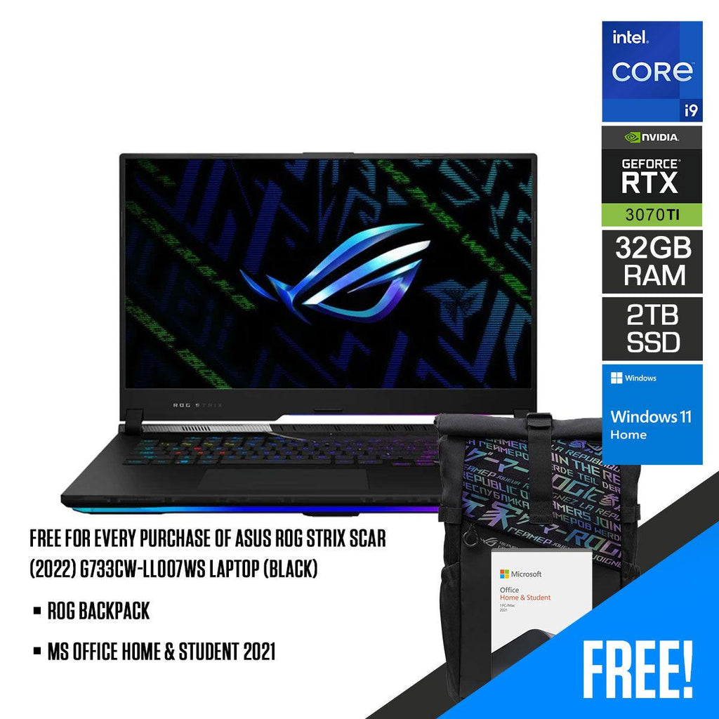 Asus ROG Strix Scar (2022) G733CW - LL007WS Laptop (Black) | 17" WQHD | i9 - 12950HX | 32GB RAM | 2TB M.2 SSD | RTX 3070 Ti | Windows 11 Home | MS Office Home & Student 2021 | ROG Backpack - Nectostry