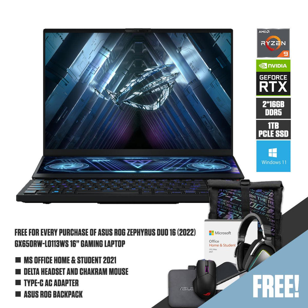 ASUS ROG Zephyrus Duo 16 (2022) GX650RW - LO113WS Gaming Laptop | 16" QHD+ | Ryzen 9 6900HX | 32GB RAM DDR5 | 1TB M.2 SSD | RTX 3070 Ti | Windows 11 Home | ROG Backpack | Delta Headset | Chakram Mouse | Type - C AC Adapter - Nectostry