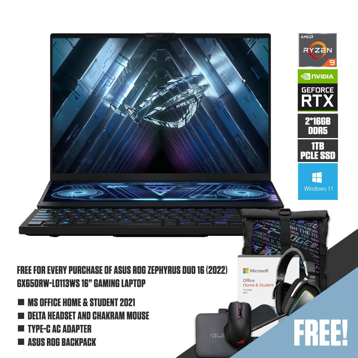 ASUS ROG Zephyrus Duo 16 (2022) GX650RW - LO113WS Gaming Laptop | 16" QHD+ | Ryzen 9 6900HX | 32GB RAM DDR5 | 1TB M.2 SSD | RTX 3070 Ti | Windows 11 Home | ROG Backpack | Delta Headset | Chakram Mouse | Type - C AC Adapter - Nectostry