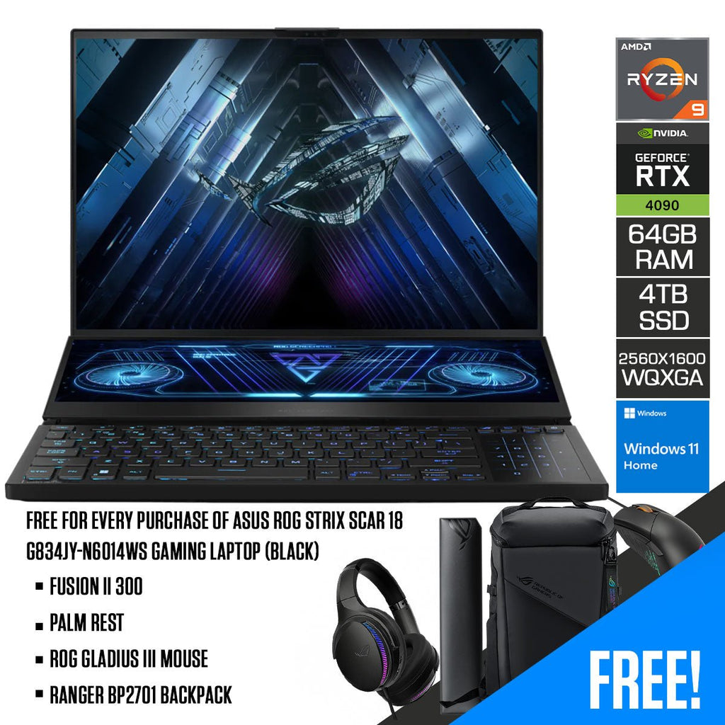 Asus ROG Zephyrus Duo 16 GX650PY - NM044WS Gaming Laptop (Black) | 16" QHD+ (2560x1600 WQXGA) | Ryzen 9 7945HX | 64GB RAM | 4TB SSD | RTX 4090 | Windows 11 Home | Fusion II 300 Palm Rest | ROG Gladius III Mouse | Ranger BP2701 Backpack - Nectostry