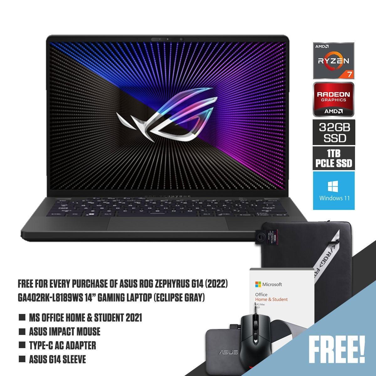 ASUS ROG Zephyrus G14 (2022) GA402RK - L8189WS Gaming Laptop (Eclipse Gray) | 14" QHD | Ryzen™ 7 6800HS | 32 GB DDR5 | 1TB SSD | RX 6800S | Windows 11 Home | MS Office H&S 2021 | G14 Sleeve (2022) | Mouse | Type - C AC Adapter - Nectostry