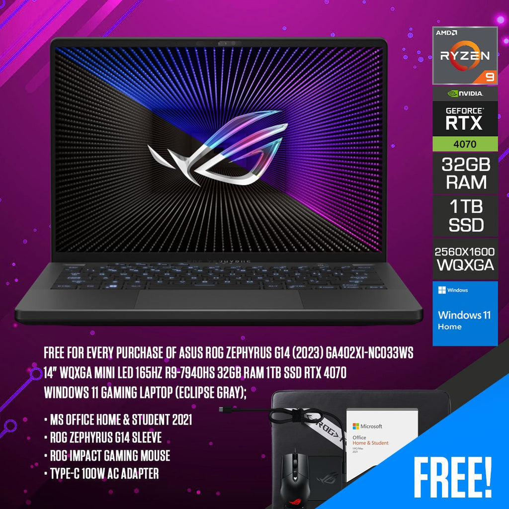Asus ROG Zephyrus G14 (2023) GA402XI - NC033WS Gaming Laptop (Eclipse Gray) | 14" WQXGA Mini LED 165HZ | R9 7940HS | 32GB RAM | 1TB SSD | RTX 4070 | Win 11 Home | MS Office H & S 2021 | ROG Zephyrus G14 Sleeve | ROG Impact Gaming Mouse | Type - C Adapter - Nectostry