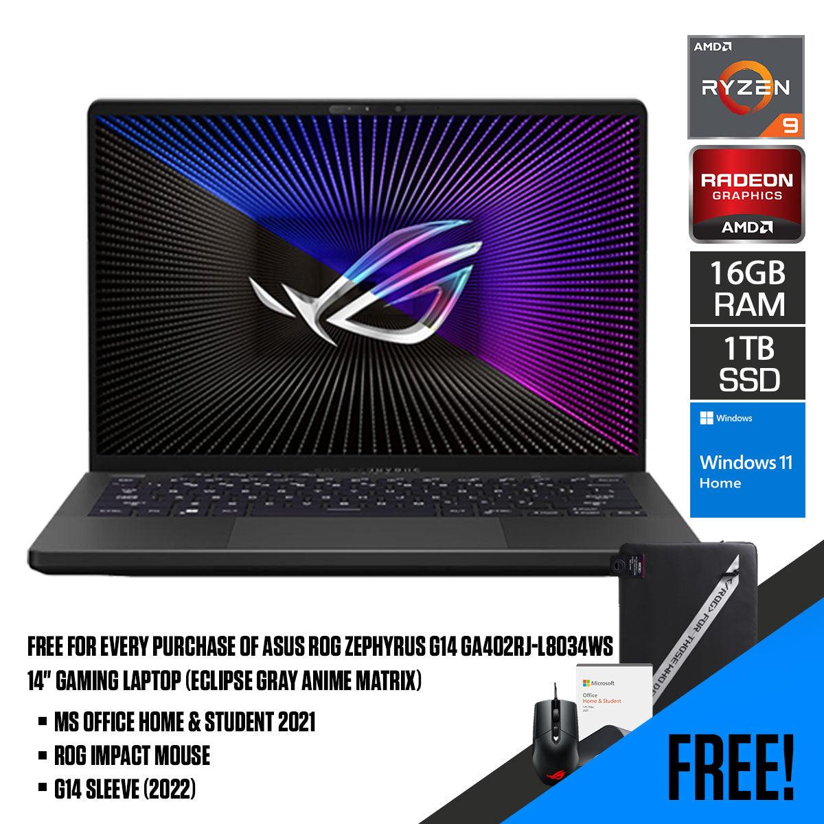 Asus ROG Zephyrus G14 GA402RJ - L8034WS Gaming Laptop (Eclipse Gray Anime Matrix) | 14" QHD+ | Ryzen™ 9 6900HS | 16GB RAM DDR5 | 1TB M.2 SSD | RX 6700S | Windows 11 Home | MS Office H&S 2021 | G14 Sleeve (2022) | ROG Impact Mouse - Nectostry
