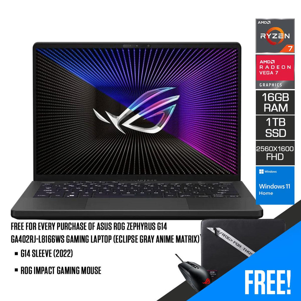 ASUS ROG Zephyrus G14 GA402RJ - L8166WS Gaming Laptop (Eclipse Gray Anime Matrix) | 14" QHD (2560 x 1600) | Ryzen 7 6800HS | 16 GB DDR5 | 1TB SSD | AMD Radeon RX 6700S | Windows 11 Home | G14 Sleeve (2022) | ROG Impact Gaming Mouse - Nectostry