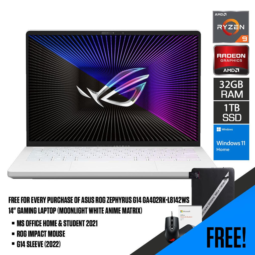 Asus ROG Zephyrus G14 GA402RK - L8142WS Gaming Laptop (Moonlight White Anime Matrix) | 14” QHD+ | Ryzen™ 9 6900HS | 32GB RAM DDR5 | 1TB M.2 SSD | RX 6800S | Windows 11 Home | MS Office H&S 2021 | G14 Sleeve (2022) | ROG Impact Mouse - Nectostry
