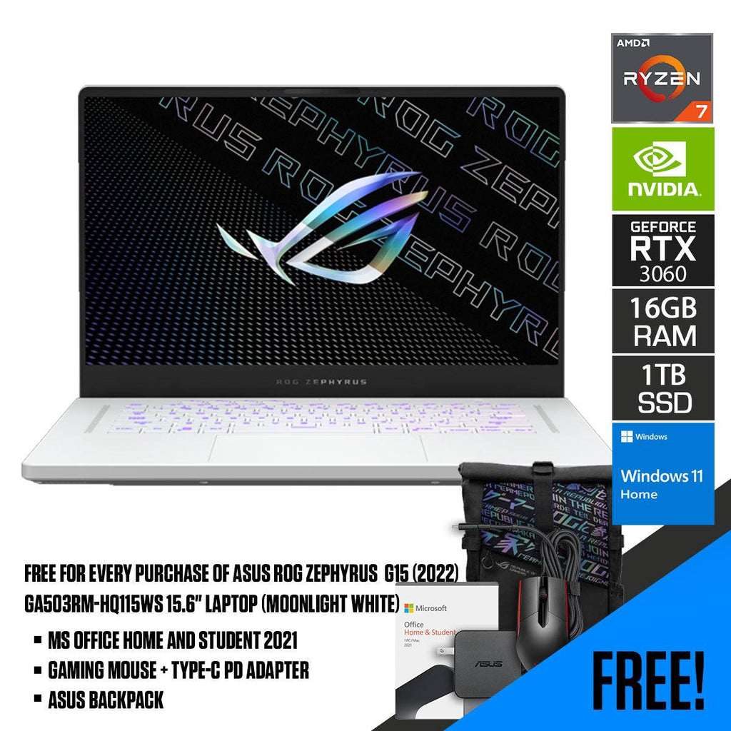 ASUS ROG Zephyrus G15 (2022) GA503RM - HQ115WS Laptop (Moonlight White) | 15.6" WQHD | Ryzen™ 7 6800HS | 16 GB DDR5 | 1 TB SSD | RTX™ 3060 | Windows 11 Home | MS Office H&S 2021 | Gaming Mouse | Backpack | Type - C PD Adapter - Nectostry
