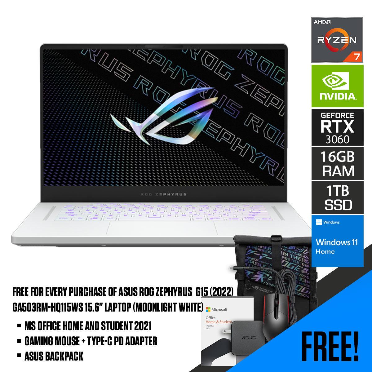 ASUS ROG Zephyrus G15 (2022) GA503RM - HQ115WS Laptop (Moonlight White) | 15.6" WQHD | Ryzen™ 7 6800HS | 16 GB DDR5 | 1 TB SSD | RTX™ 3060 | Windows 11 Home | MS Office H&S 2021 | Gaming Mouse | Backpack | Type - C PD Adapter - Nectostry