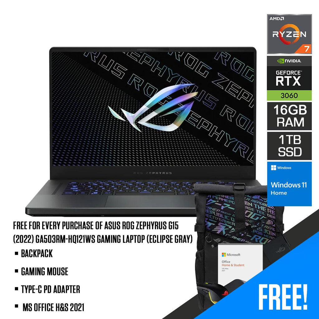 ASUS ROG Zephyrus G15 (2022) GA503RM - HQ121WS Gaming Laptop (Eclipse Gray) | 15.6" WQHD | Ryzen™ 7 6800HS | 16GB DDR5 | 1TB SSD | RTX™ 3060 | Windows 11 Home | MS Office H&S 2021 | Backpack | Gaming Mouse | Type - C PD Adapter - Nectostry