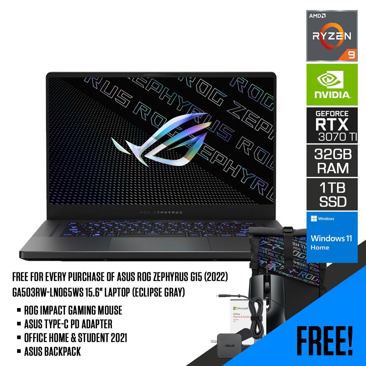ASUS ROG Zephyrus G15 (2022) GA503RW - LN065WS Laptop (Eclipse Gray) | 15.6" WQHD | Ryzen™ 9 6900HS | 32GB DDR5 | 1TB SSD | Windows 11 Home |MS Office H&S 2021 | Gaming Mouse | Backpack | Type - C PD Adapter - Nectostry
