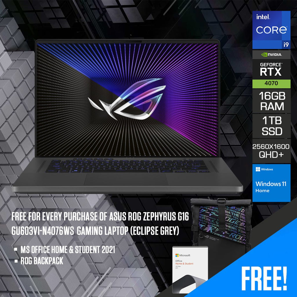 Asus ROG Zephyrus G16 GU603VI - N4076WS Gaming Laptop (Eclipse Grey) | 16" QHD+ (2560x1600) 240Hz | i9 - 13900H | 16GB RAM | 1TB SSD | RTX 4070 | Windows 11 Home | MS Office Home & Student 2021 | ROG Backpack - Nectostry