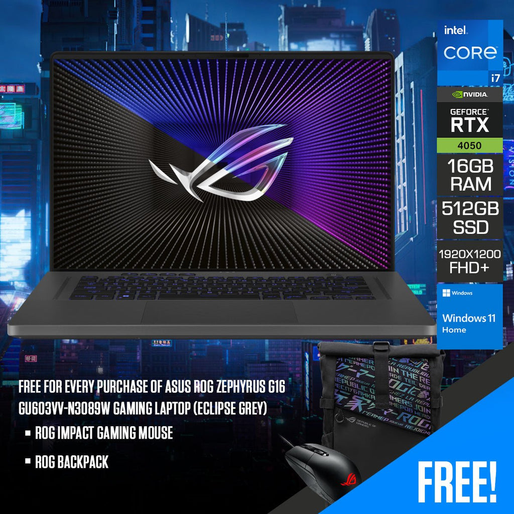 Asus ROG Zephyrus G16 GU603VV - N3089W Gaming Laptop (Eclipse Grey) | 16" FHD+ (1920X1200) 165HZ | I7 - 13620H | 16GB RAM | 512GB SSD | RTX 4060 | Windows 11 Home | ROG Backpack | ROG Impact Gaming Mouse - Nectostry