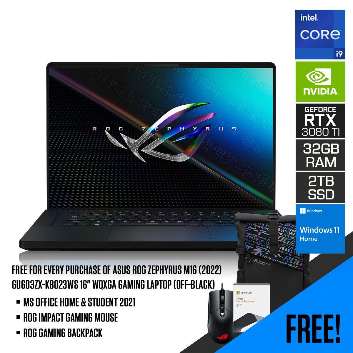 Asus ROG Zephyrus M16 (2022) GU603ZX - K8023WS Gaming Laptop (Off - Black) | 16" QHD | i9 - 12900H | 32GB RAM | 2TB M.2 SSD | RTX 3080 Ti | Windows 11 Home | MS Office H&S 2021 | ROG Backpack | ROG Impact Gaming Mouse - Nectostry