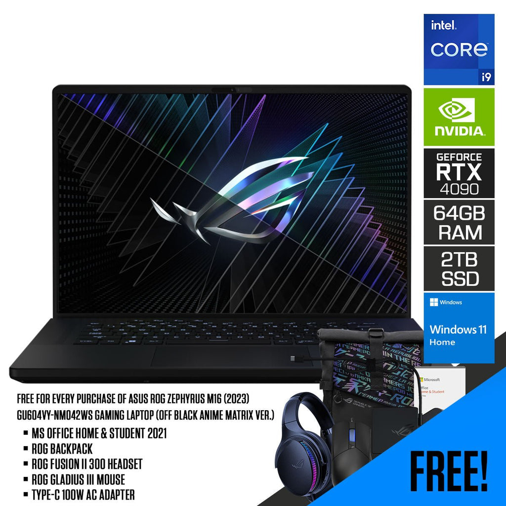 Asus ROG Zephyrus M16 (2023) GU604VY - NM042WS Gaming Laptop (Off Black Anime Matrix Ver.) | 16" QHD+ | Intel i9 13900H | 64GB RAM | 2TB SSD | RTX 4090 | Windows 11 Home | MS Office H & S | ROG Backpack | Fusion II 300 | Gladius III Mouse | Type - C 100W AC - Nectostry