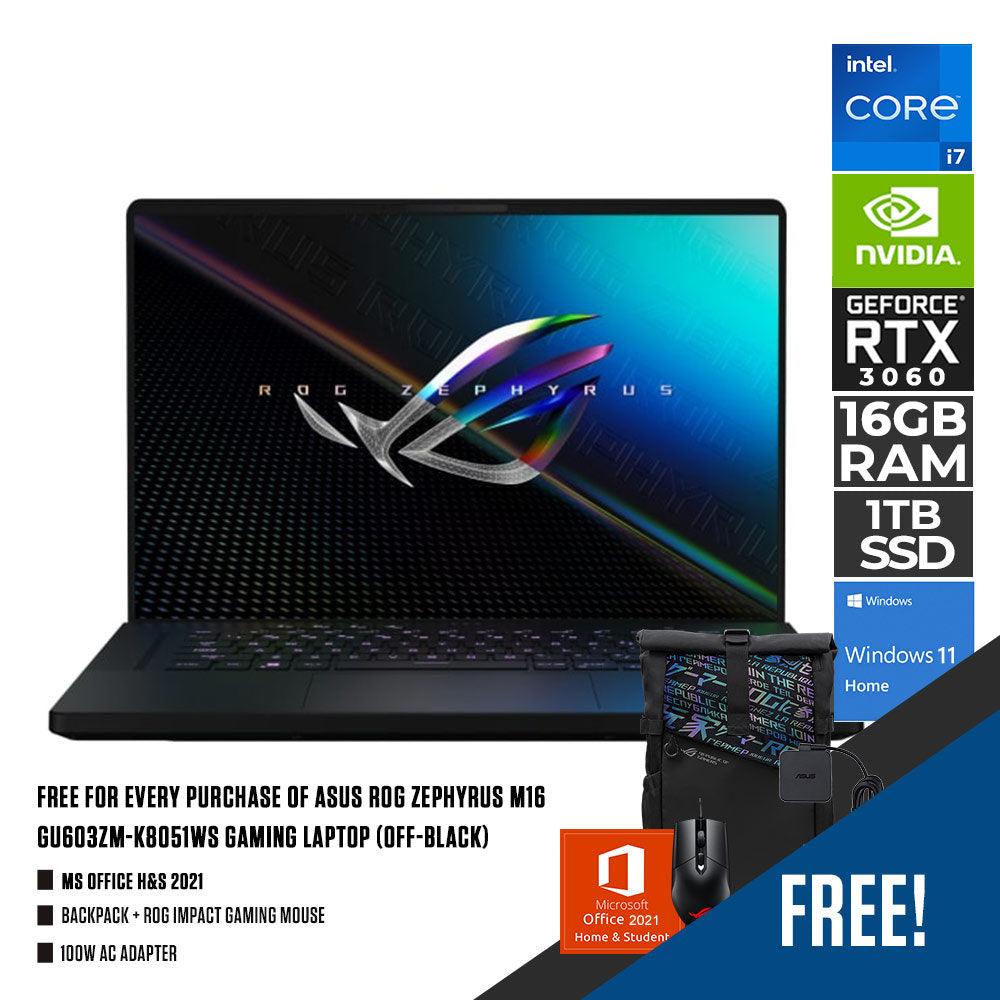 Asus Rog Zephyrus M16 GU603ZM - K8051WS Gaming Laptop (Off - Black) | 16” WQXGA | i7 - 12700H | 16GB DDR5 | 1TB SSD | RTX 3060 | WIN11 + MS Office H&S 2021 + Backpack + ROG Impact Gaming Mouse + 100w AC Adapter - Nectostry