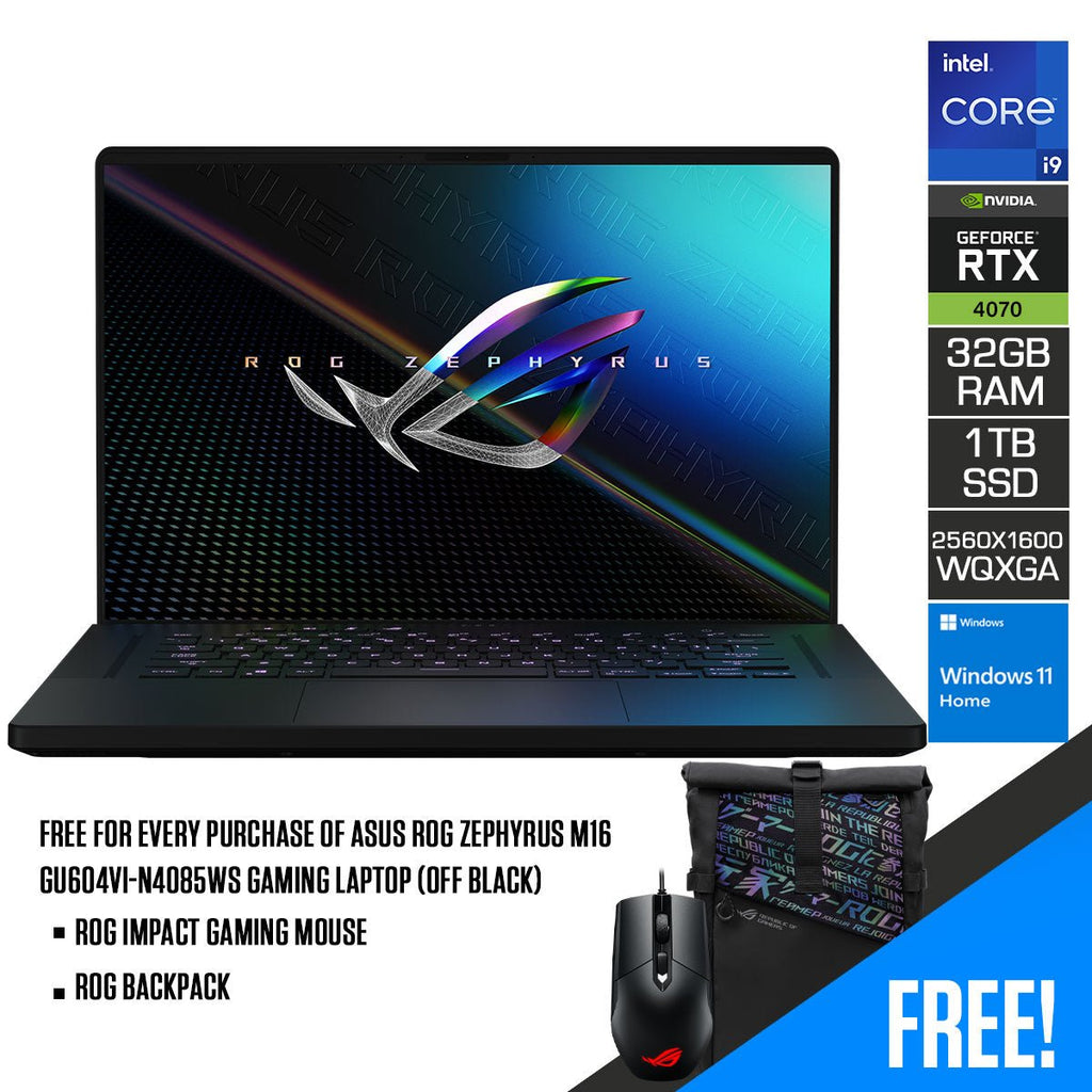 Asus ROG Zephyrus M16 GU604VI - N4085WS Gaming Laptop (Off Black) | 16" QHD+ (2560x1600 WQXGA) | i9 13900H | RTX 4070 | 1TB SSD | 32GB RAM | ROG Impact Gaming Mouse | ROG Backpack - Nectostry