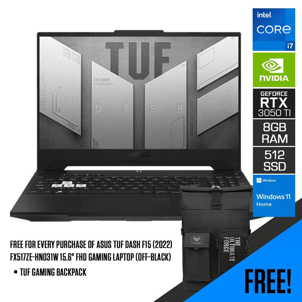 ASUS TUF Dash F15 (2022) FX517ZE - HN031W Gaming Laptop (Off Black) | 15.6” FHD | i7 - 12650H | 8GB DDR5 | 512GB SSD | RTX™ 3050 Ti | Windows 11 Home | TUF Gaming Backpack - Nectostry
