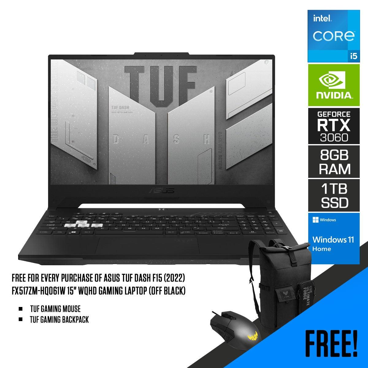 Asus TUF Dash F15 (2022) FX517ZM - HQ061W Gaming Laptop (Off Black) | 15.6” WQHD | i5 - 12450H | 8GB RAM | 1TB M.2 SSD | RTX 3060 | Windows 11 Home | TUF Gaming Backpack | TUF Gaming Mouse - Nectostry